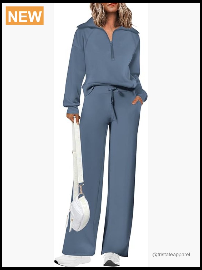 2 Piece Sweatsuit Set Half Zip Pullover Wide Leg Pants